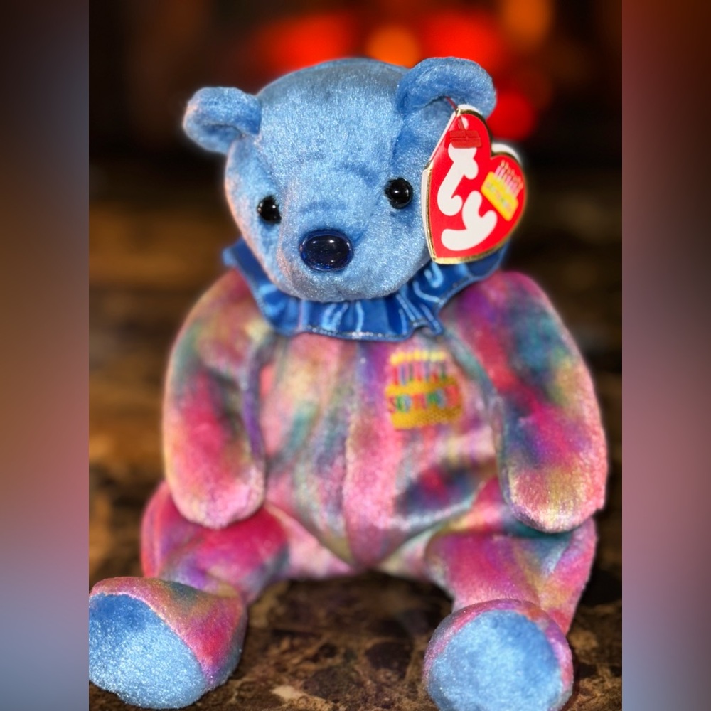 🎉 TY Birthday Beanie Baby September Bear Sapphire Rainbow Sparkle Plush